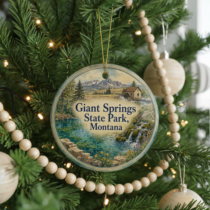 A round ornament on a Christmas tree, featuring a scenic image of the Grand Springs State Park in Montana.