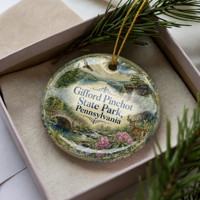 A decorative ornament in a box, featuring a scenic landscape with a river, trees, and wildlife, including a deer and a bird.