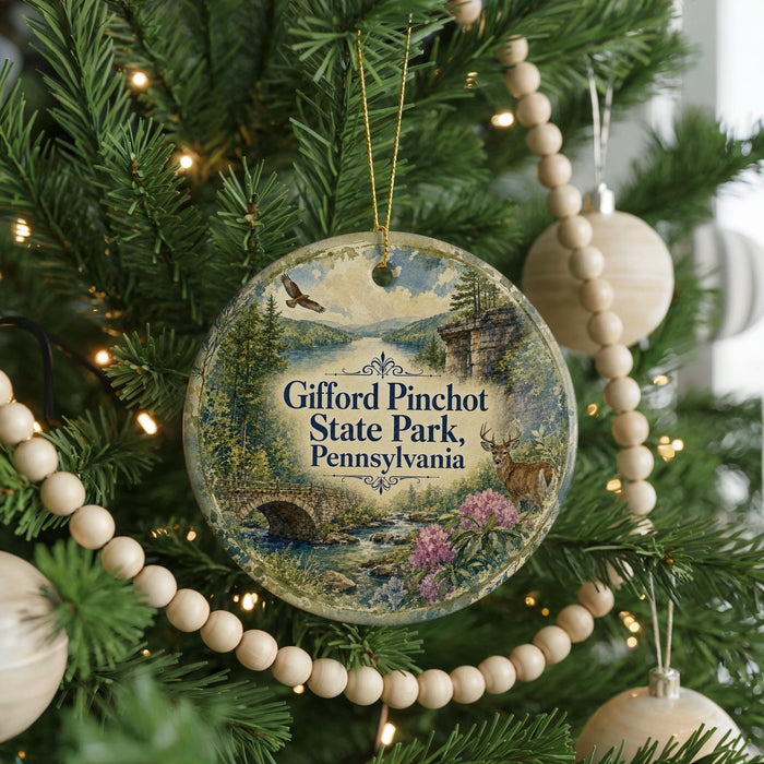 A round ornament hanging on a Christmas tree, featuring a scenic image of the Gifford Pinchot State Park in Pennsylvania.