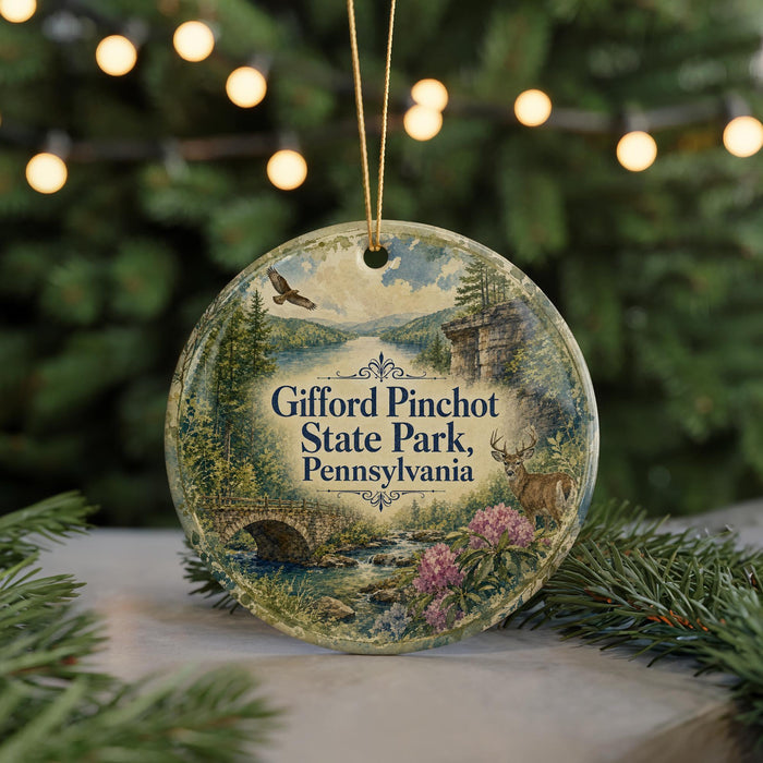 A round ornament with a scenic landscape of a river, bridge, and wildlife, including a deer, is displayed in front of a blurred background of Christmas lights.