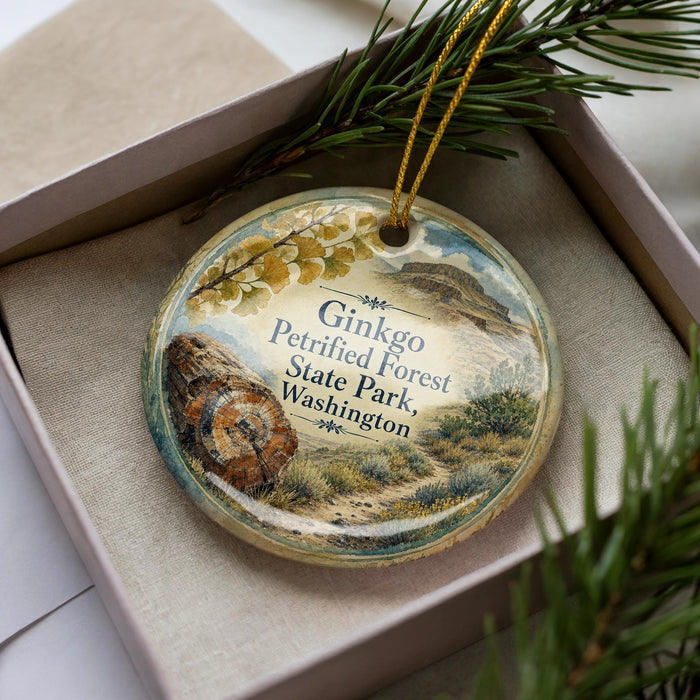 A decorative ornament with a scenic image of the Ginkgo Petrified Forest in Washington State, Washington, placed in a box with pine branches.