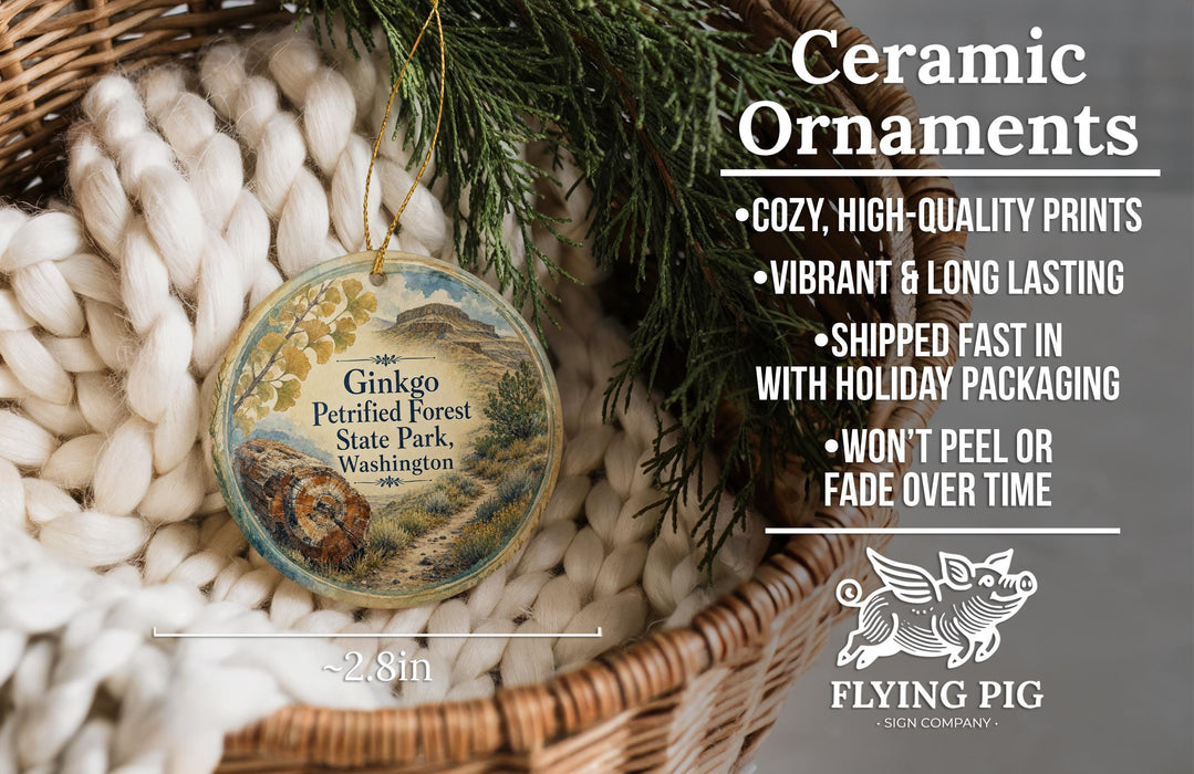 Ceramic ornaments, featuring a detailed illustration of a forest scene, are displayed in a wicker basket.