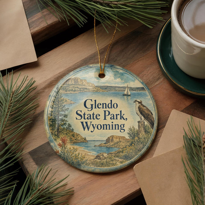 A round ornament with a scenic illustration of Glendo State Park, Wyoming, featuring a bird, pine trees, and a lake.