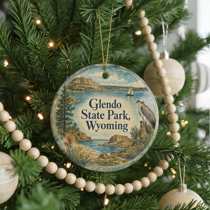 A round ornament hanging on a Christmas tree, featuring a scenic landscape with mountains, a lake, and a bird.