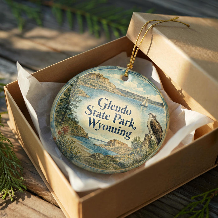 A circular ornament in a box, featuring a scenic landscape with mountains, water, and a bird, is displayed on a wooden surface.