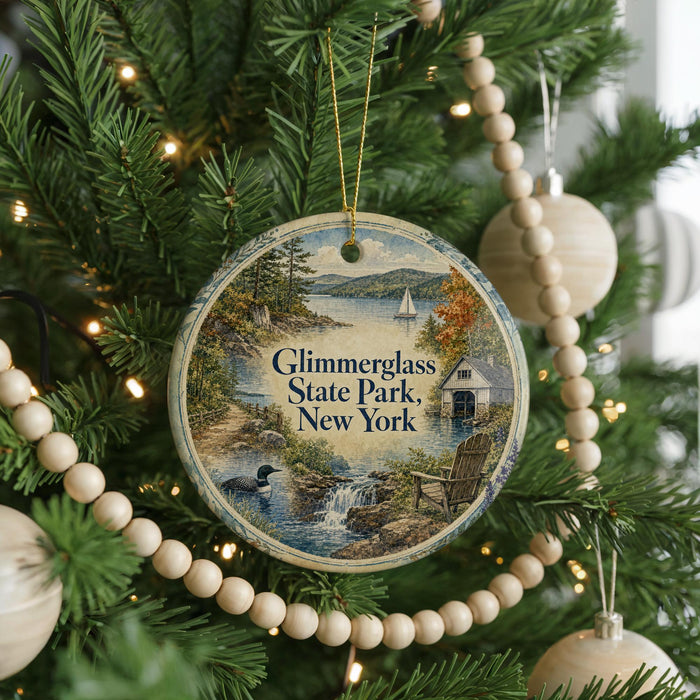 A round ornament hanging on a Christmas tree, featuring a scenic landscape with a lake, mountains, and a sailboat.