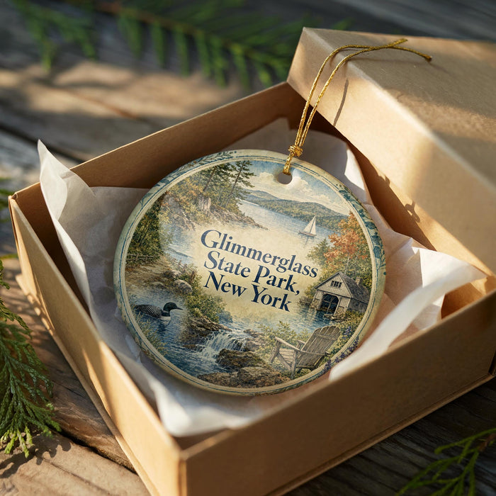 A round ornament in a box, featuring a scenic landscape with a lake, trees, and a house, with the text "Glimmerglass State Park, New York" printed on it.