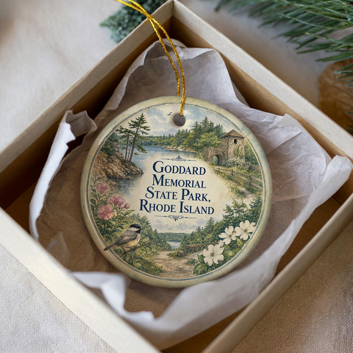 A decorative ornament in a box, featuring a scenic landscape with a bird, flowers, and a path.