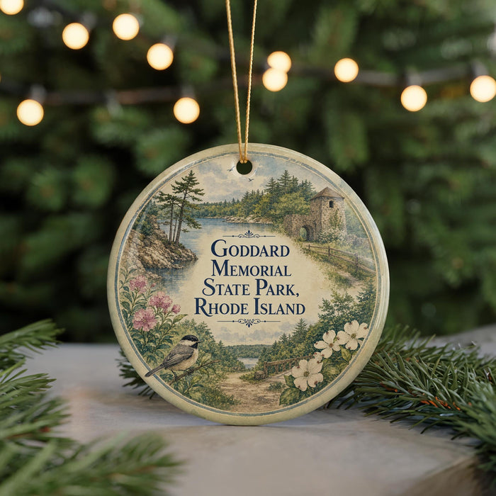 A round ornament with a scenic landscape and a bird, hanging on a string.
