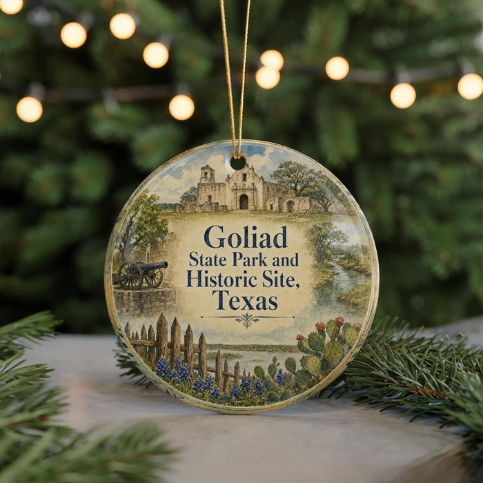 A circular ornament with a picture of a historic site, specifically Goliad State Park and Historic Site, Texas, hanging from a string.