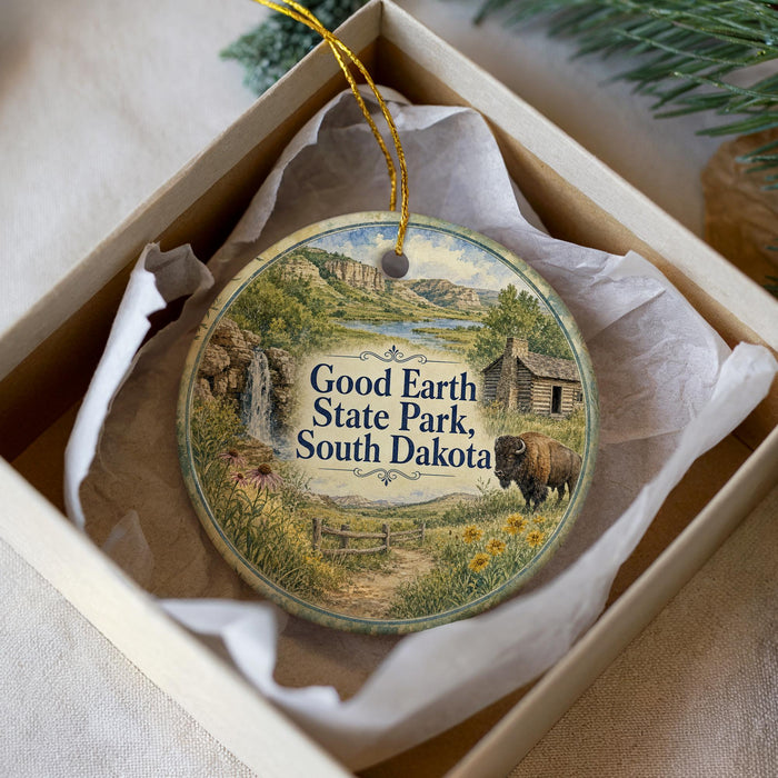 A circular ornament with a scenic landscape of Good Earth State Park, South Dakota, featuring a bison and a waterfall.