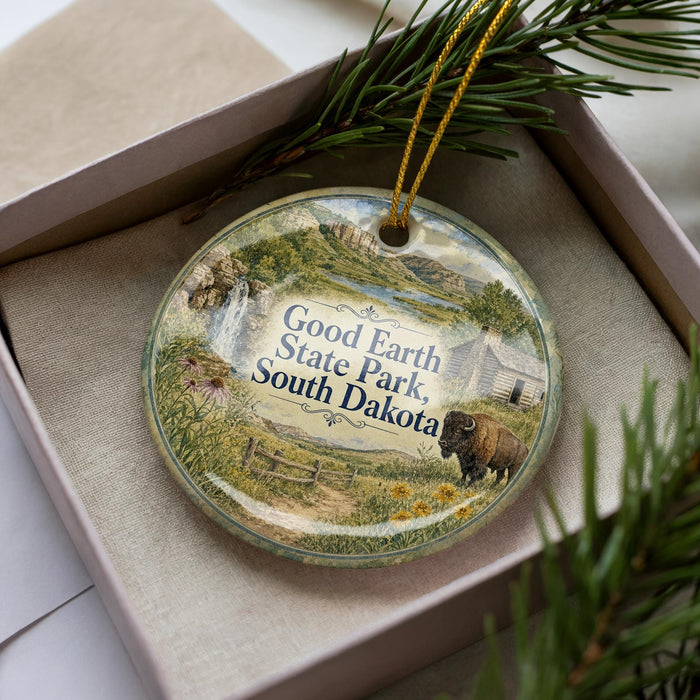 A decorative ornament in a box, featuring a scenic image of Good Earth State Park in South Dakota.