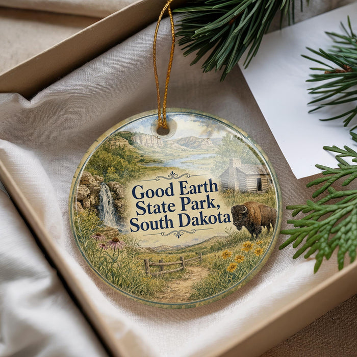 A decorative ornament with a scenic landscape of Good Earth State Park, South Dakota, featuring a bison in the foreground and a waterfall in the background.