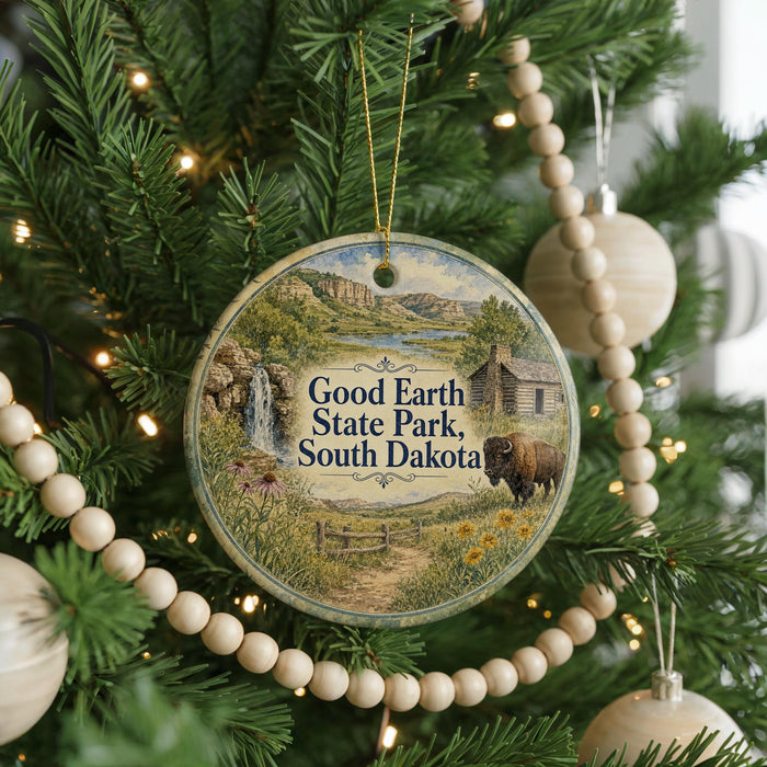 A Christmas tree ornament featuring a scenic image of Good Earth State Park, South Dakota, with a bison in the foreground and a waterfall in the background.