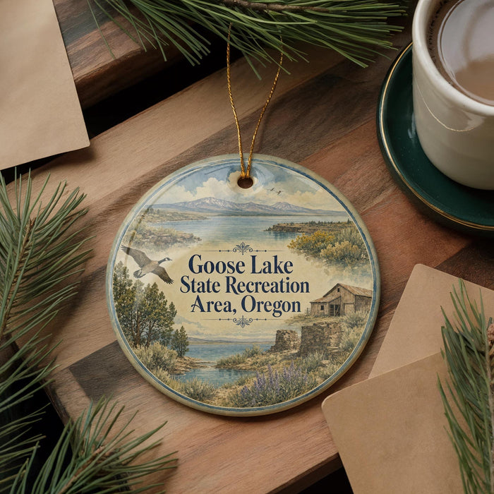 A decorative ornament with a scenic landscape featuring a lake, mountains, and a bird in flight, hanging on a wooden surface.
