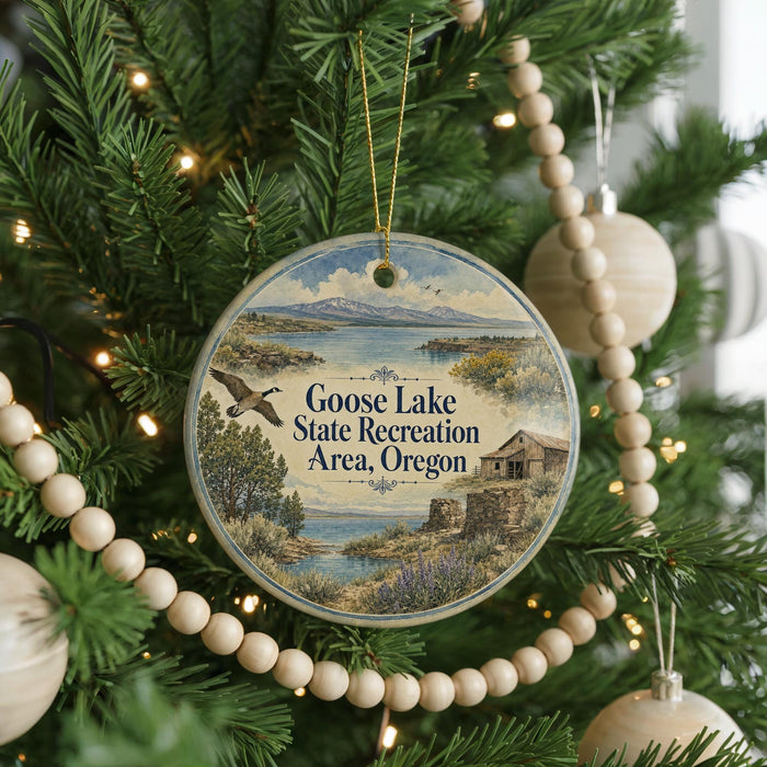 A circular ornament hanging on a Christmas tree, featuring a scenic landscape with a lake and mountains.