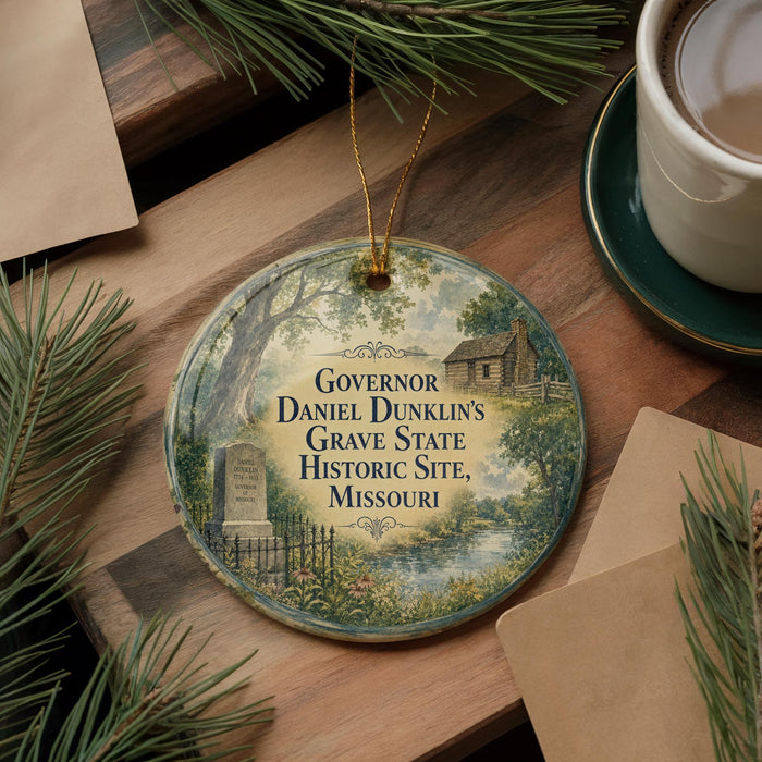 A round ornament with a painting of a historical site, specifically the Governor Daniel Dunlin's grave, surrounded by pine branches and a cup of coffee on a wooden surface.