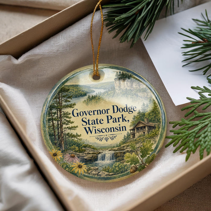 A decorative ornament with a scenic landscape of Governor Dodge State Park, Wisconsin, featuring a waterfall and pine trees.
