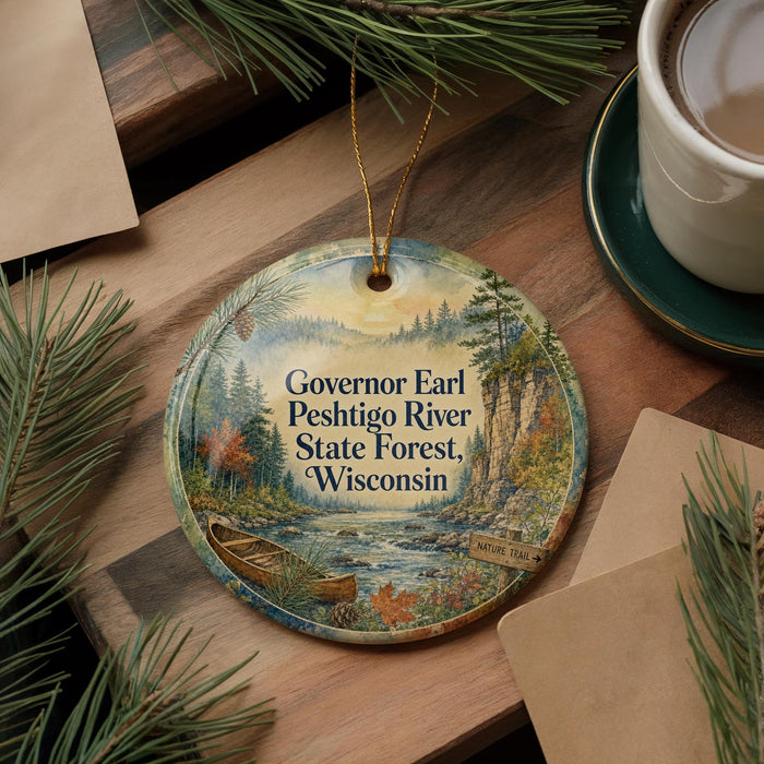 A decorative ornament featuring a scenic image of the Governor Earl Peshtiggo River State Forest in Wisconsin, surrounded by pine trees and a canoe.