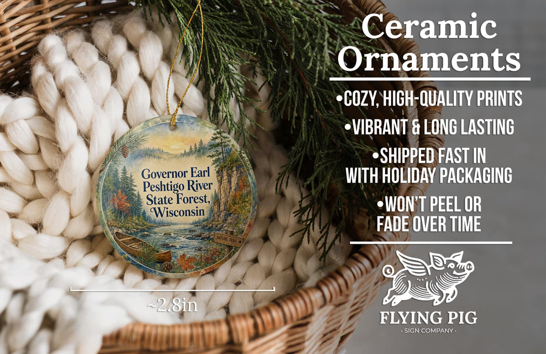 Ceramic ornaments, featuring a scenic image of the Governor Earl Peshtigo River State Forest, Wisconsin, hanging from a wicker basket.
