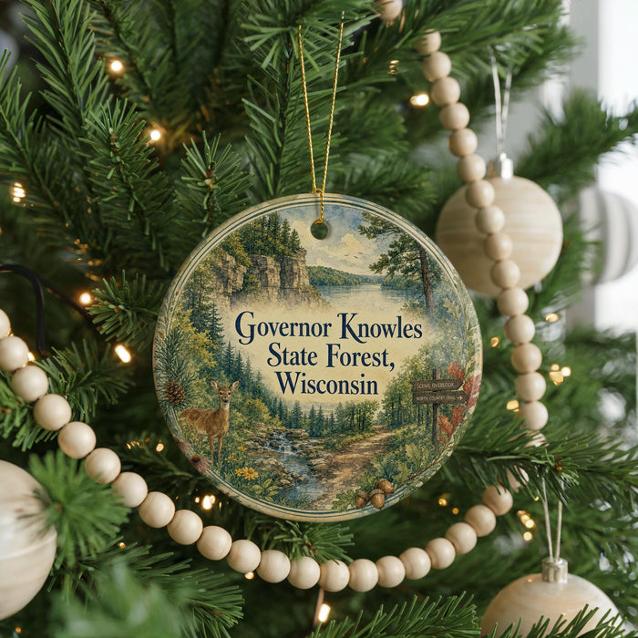 A round ornament hanging on a Christmas tree, featuring a scenic image of a forest and a deer.