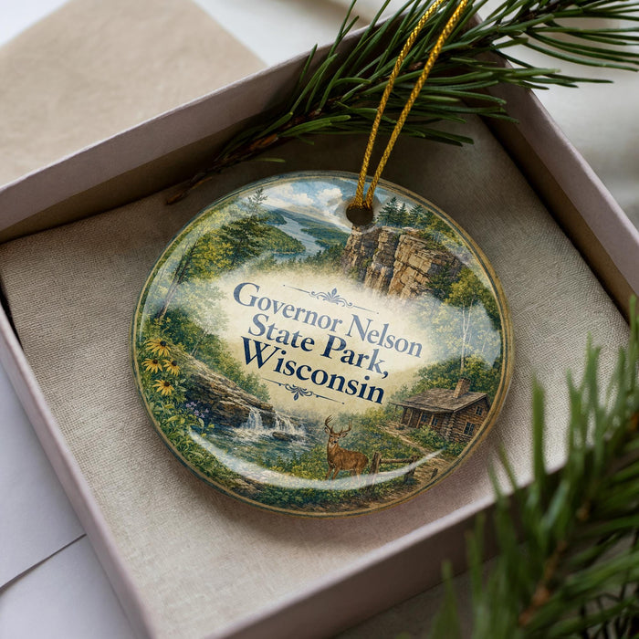 A decorative ornament in a box, featuring a scenic landscape with a waterfall and a cabin, along with the text "Governor Nelson State Park, Wisconsin".