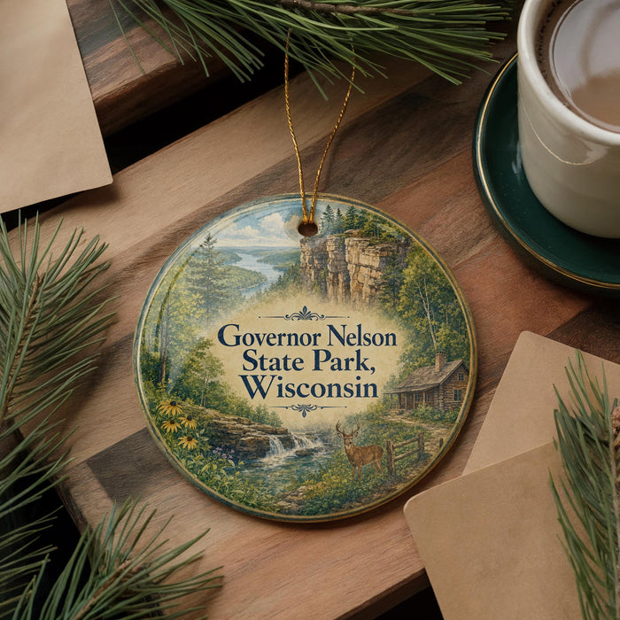 A decorative ornament featuring a scenic landscape of Governor Nelson State Park in Wisconsin, with pine branches and a cup of coffee nearby.