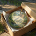 An ornament in a wooden box, featuring a scenic landscape with a waterfall and forest, with the text "Governor Nelson State Park, Wisconsin" printed on it.