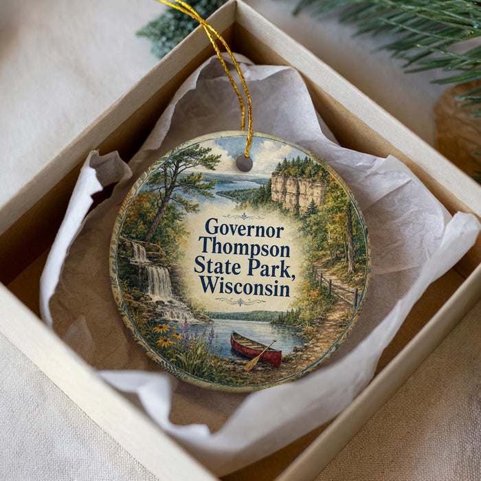 A decorative ornament in a white box, featuring a scenic landscape with a waterfall, canoe, and pine trees.