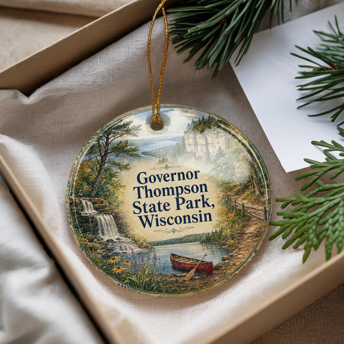 A decorative ornament with a scenic landscape of a waterfall, a boat, and pine trees, along with the text "Governor Thompson State Park, Wisconsin".