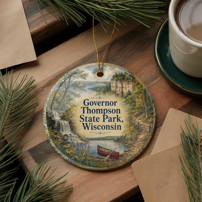 A round ornament featuring a scenic landscape of Governor Thompson State Park in Wisconsin, with a canoe and waterfall in the background.