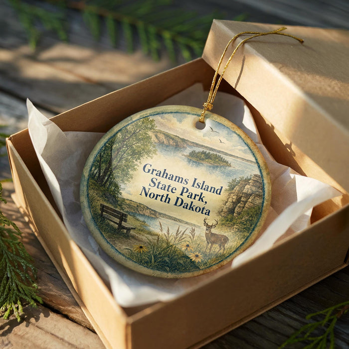 A decorative ornament in a wooden box, featuring a scenic landscape with a bench, trees, and a deer.