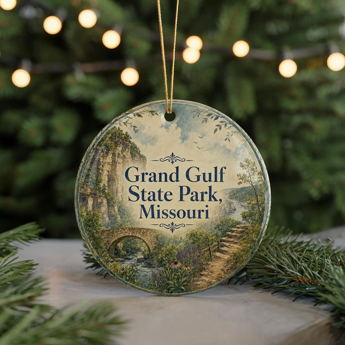 A circular ornament with a scenic landscape of a bridge, trees, and a river, featuring the text "Grand Gulf State Park, Missouri" on it.