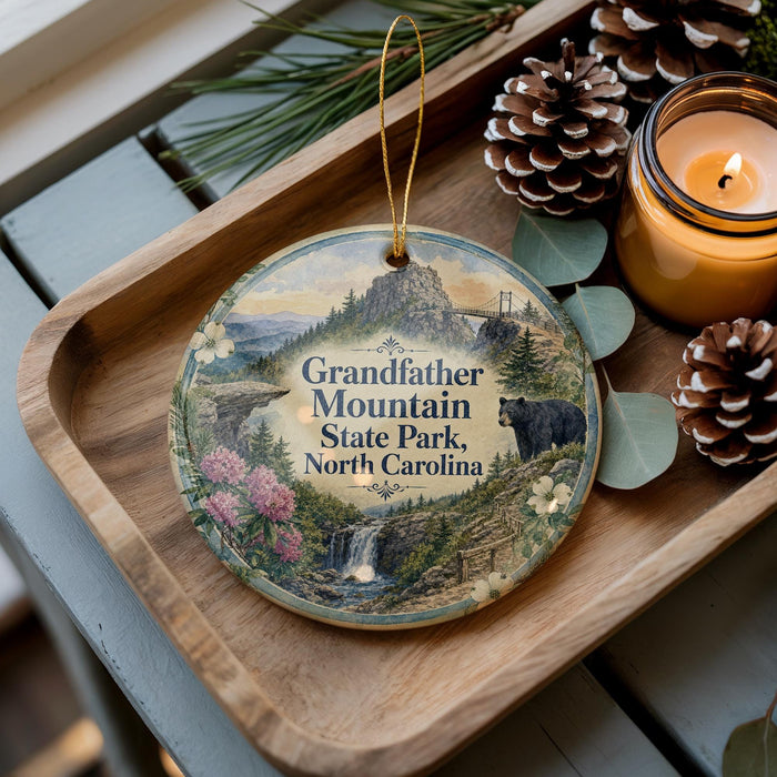 A wooden tray with a decorative ornament featuring a scenic mountain landscape, pine cones, and a lit candle.