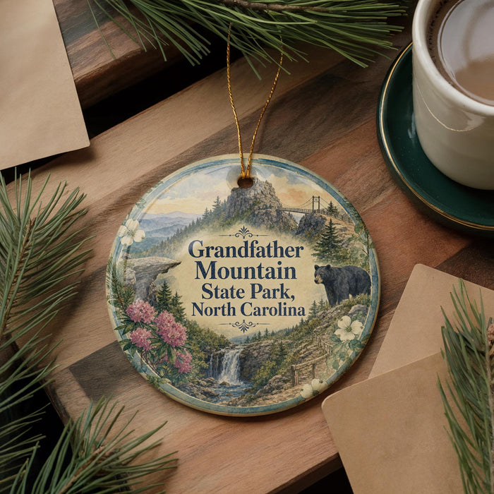A decorative ornament with a scenic mountain landscape, featuring a bear, pine trees, and a waterfall, is displayed on a wooden surface alongside a cup of coffee and some papers.
