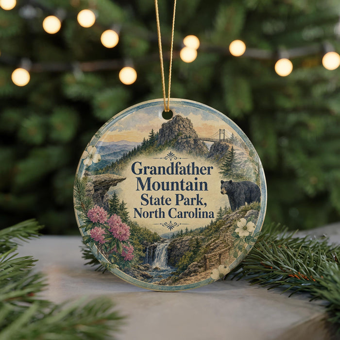 A round ornament with a scenic mountain landscape and a bear, featuring the text "Grandfather Mountain State Park, North Carolina".