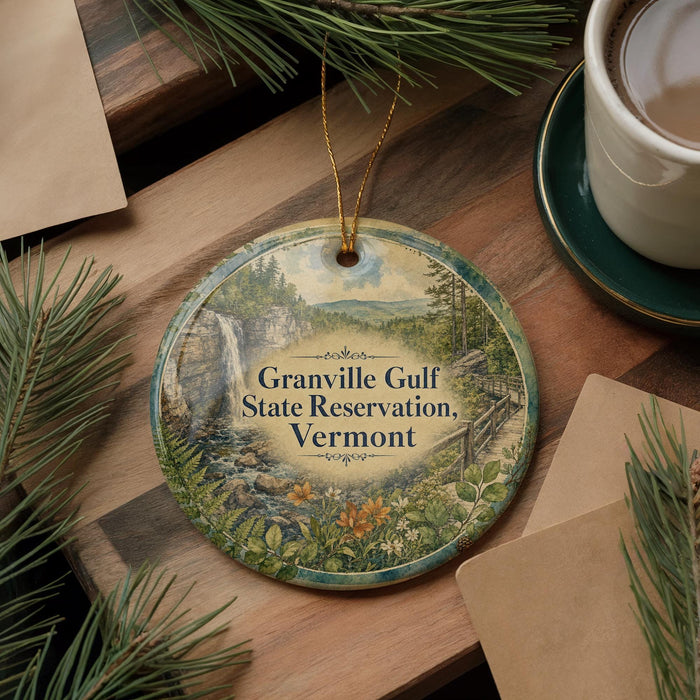 A decorative ornament with a scenic landscape of Granville Gulf State Reserve, Vermont, featuring a waterfall and pine trees.