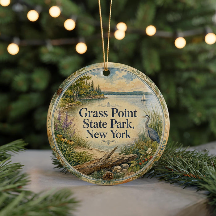 A circular ornament with a painting of a scenic landscape, featuring a lake, trees, and a bird, hangs in front of a blurred background of Christmas lights.