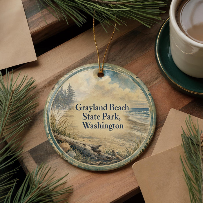 A circular ornament with a scenic beach landscape and text, hanging on a wooden surface next to a cup of coffee and pine branches.