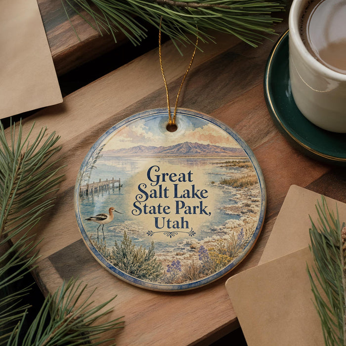 A decorative ornament featuring a scenic image of Salt Lake State Park in Utah, with a bird in the foreground and a pine tree in the background.