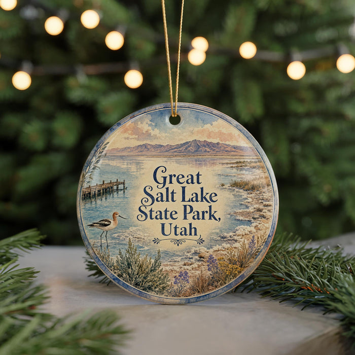 A round ornament with a scenic image of a lake and mountains, featuring a bird, is displayed in front of a blurred background with Christmas lights.