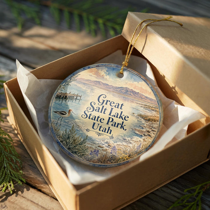 A decorative ornament in a box, featuring a scenic landscape with mountains, water, and a bird, along with the text "Great Salt Lake State Park, Utah".