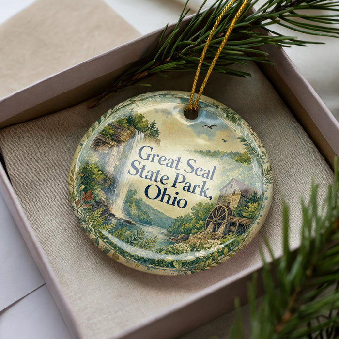 A decorative ornament with a scenic landscape of a waterfall and a house, placed in a box with pine branches.