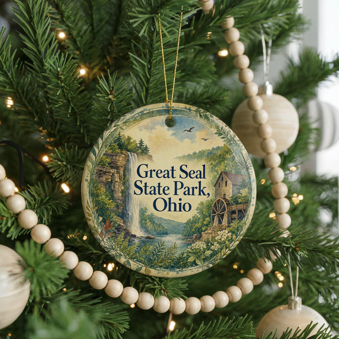 A round ornament hanging on a Christmas tree, featuring a scenic image of a waterfall and a house, with the text "Great Seal State Park, Ohio" displayed on it.