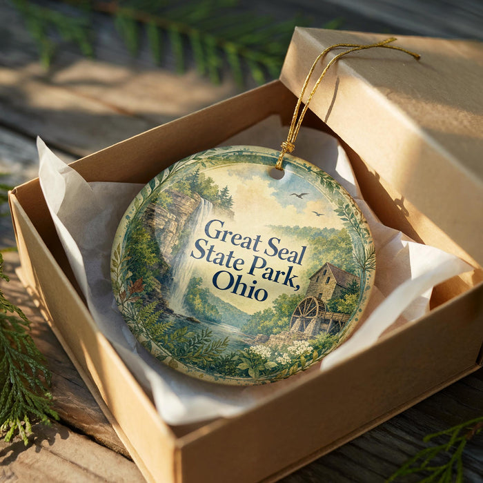 A decorative ornament in a box, featuring a scenic landscape with a waterfall and a house, with the text "Great Seal State Park, Ohio" printed on it.