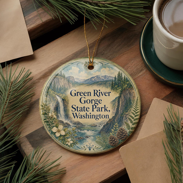 A decorative ornament featuring a scenic landscape of Green River Gorge State Park in Washington, with pine branches and pine cones surrounding it.