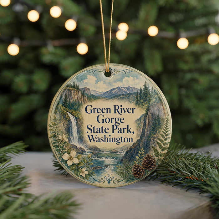 A circular ornament with a scenic landscape of a waterfall, mountains, and pine trees, surrounded by greenery and a string of lights.