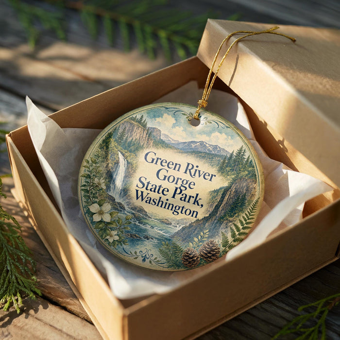 A decorative ornament in a wooden box, featuring a scenic landscape with mountains, waterfalls, and pine trees.