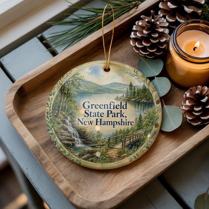 A decorative ornament featuring a scenic landscape of Greenfield State Park in New Hampshire, with pine cones and a lit candle on a wooden tray.