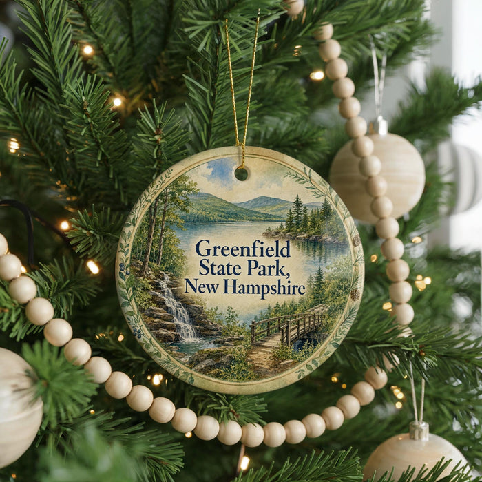 A Christmas tree decorated with ornaments, including a circular ornament with a scenic landscape of a waterfall and forest.